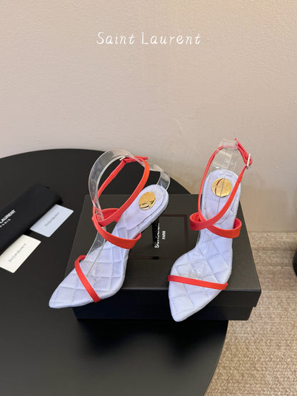 Saint Laurent Metal Logo Silk Heeled Sandals