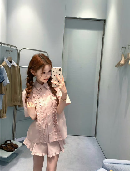 Miu Miu Embroidered Ruffle Shirt and Pleated Skort Set