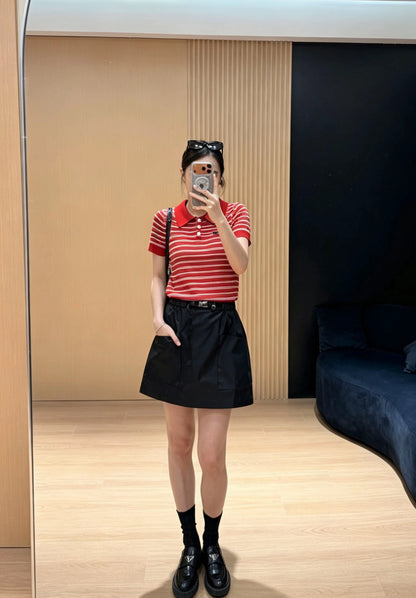 Miu Miu Embroidered Striped Knit Polo Shirt