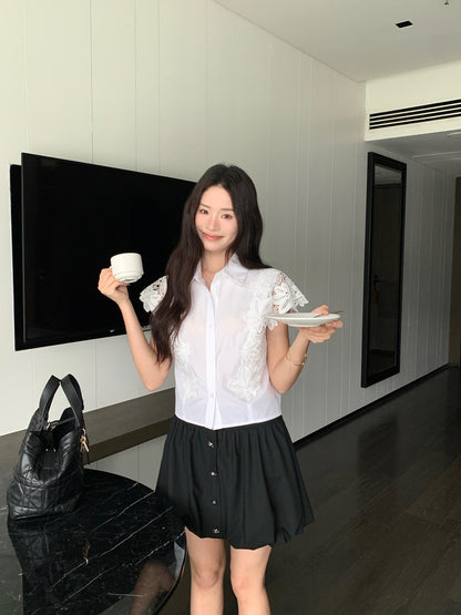 Celine Lace-Spliced Cropped Shirt – Spring/Summer Collection – 26SS