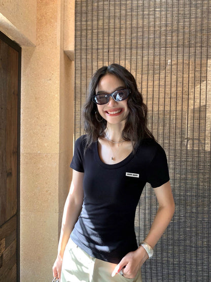 Miu Miu Ribbed U-Neck T-Shirt