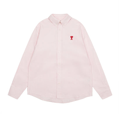 AMI Paris Small Heart Embroidered Striped Long Sleeve Shirt
