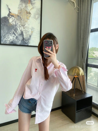AMI Paris Small Heart Embroidered Striped Long Sleeve Shirt
