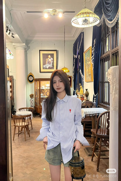 AMI Paris Small Heart Embroidered Striped Long Sleeve Shirt