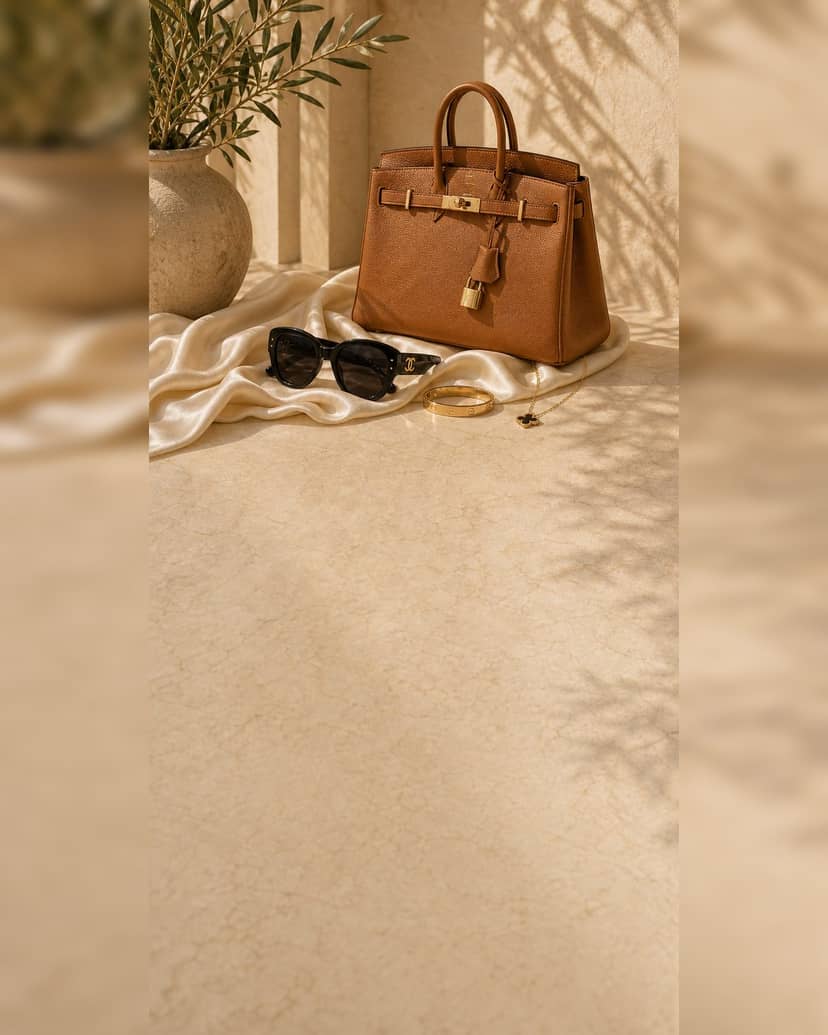 A tan leather handbag, sunglasses and gold jewellery on sunlit stone